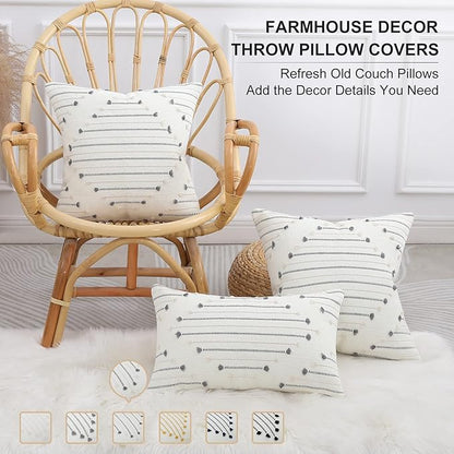 Mecatny Boho Outdoor Throw Pillow Covers 12X20 Set of 2, Farmhouse Lumbar Pillow Covers for Couch Sofa Living Room, Beige & Grey