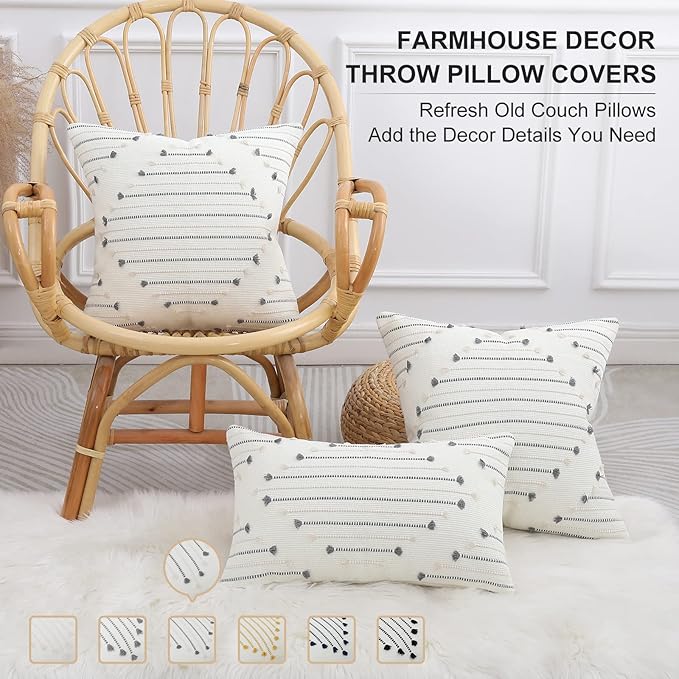 Mecatny Boho Outdoor Throw Pillow Covers 18X18 Set of 2, Farmhouse Decorative Pillow Covers for Couch Sofa Living Room, Beige & Grey