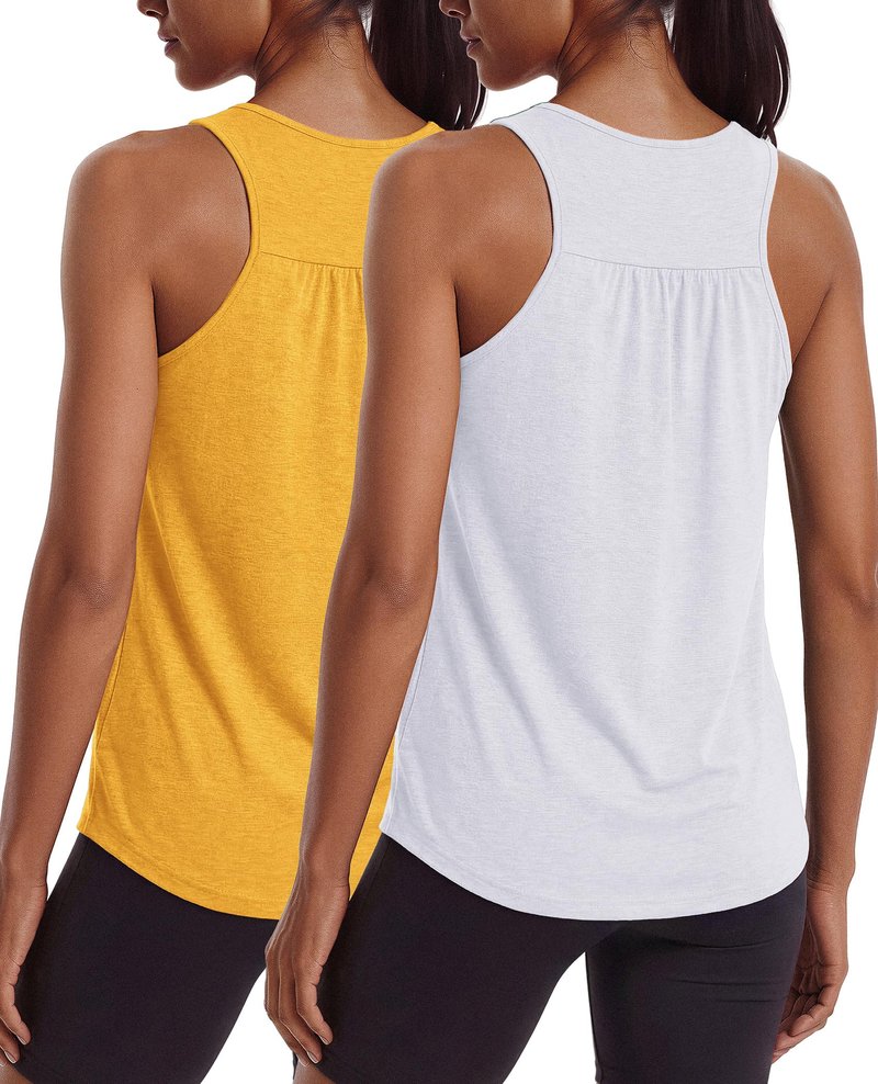PINSPARK Workout Tops for Women Racerback Athletic Tank Top Sleeveless Pilates Outfits Crewneck Lightweight Running Hiking Summer Shirts,White/Yellow L