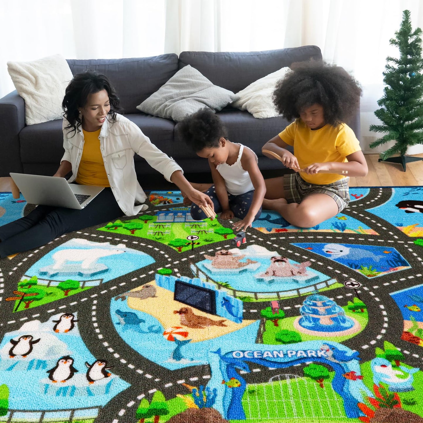 Kids Rug Playmat Carpet,6'7" x 9'10" Marine Animals Cars Rugs for Kids Toy Cars,Non Slip Aquarium Road Map Kids Carpet for Playroom Bedroom Boys,Kid Play Mat Road Carpet,Track Rug Play Carpet for Kid