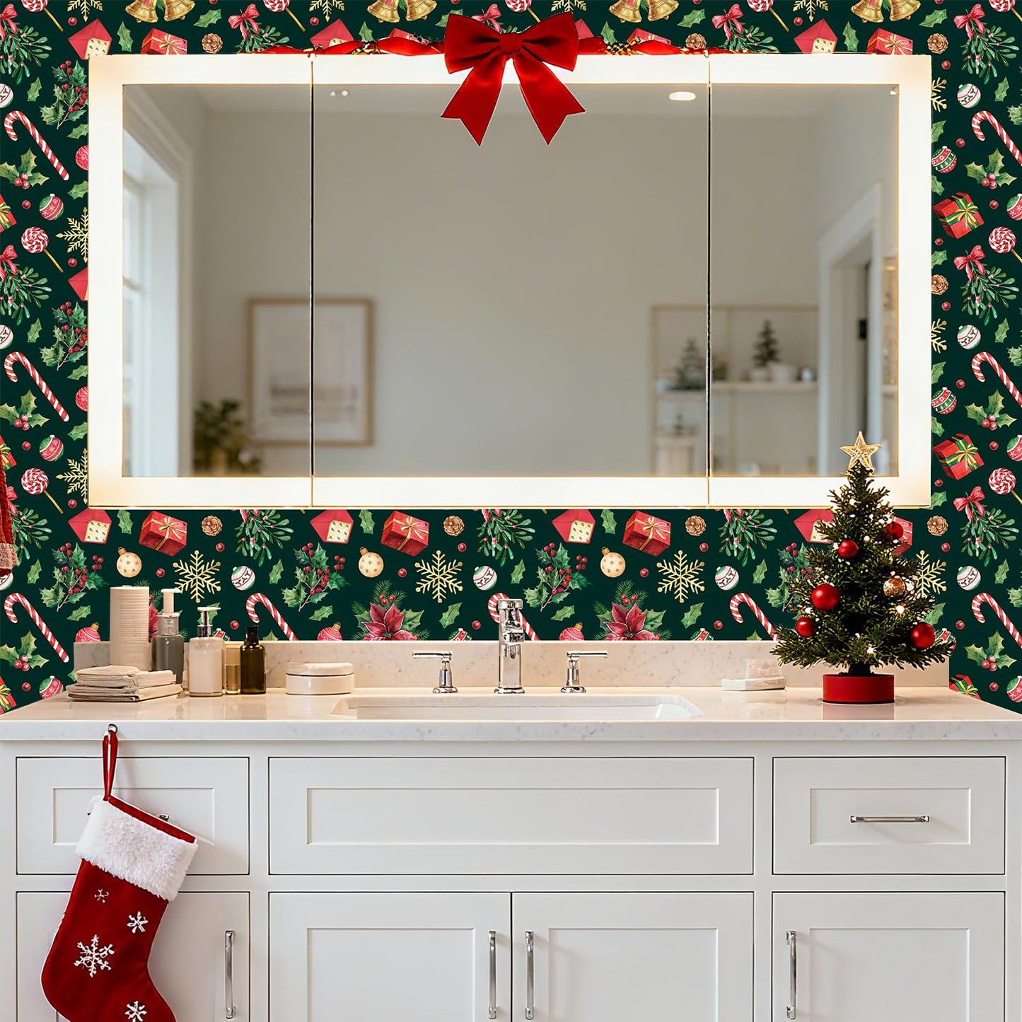 IARTTOP Merry Christmas Wallpaper Peel and Stick Xmas Holiday Poinsettia Contact Paper for Wall Cabinets Christmas Ornament Wallpaper Self-Adhesive for Winter Party Bedroom Holiday Decor(17.3"X118.1")