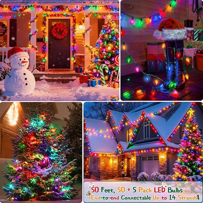 50 Feet Multi-colored C7 LED Christmas Lights Outdoor Colored Christmas Lights Waterproof with 50 + 5 Pack Energy Efficient C7 LED Bulbs (0.6W = 7W) for Colorful Xmas House Stairs Porch Tree Decor