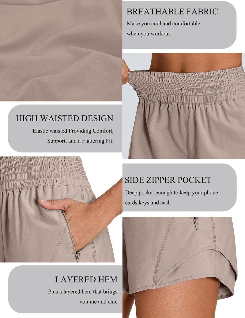 BMJL Women's Athletic Shorts High Waisted 2.5" Running Short with Zipper Pocket Sporty Yoga Gym Workout Shorts(M,Khaki)