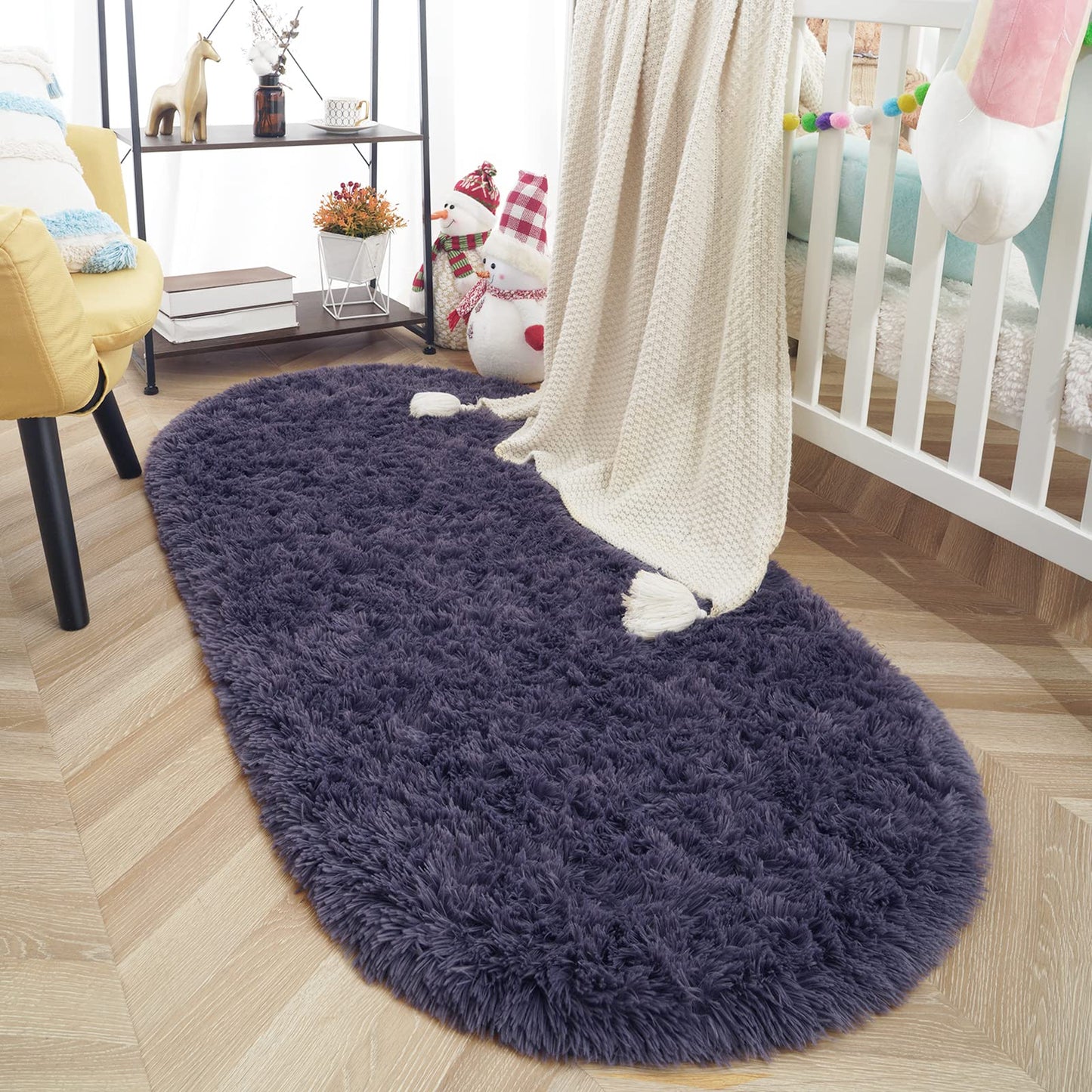ISEAU Oval Fluffy Rug Carpets, Modern Plush Shaggy Area Rug for Kids Bedroom Extra Comfy Cute Nursery Mat Bedside Mats for Boys Girls Room Home Decor, 2.6 x 5.3ft, Grey Purple