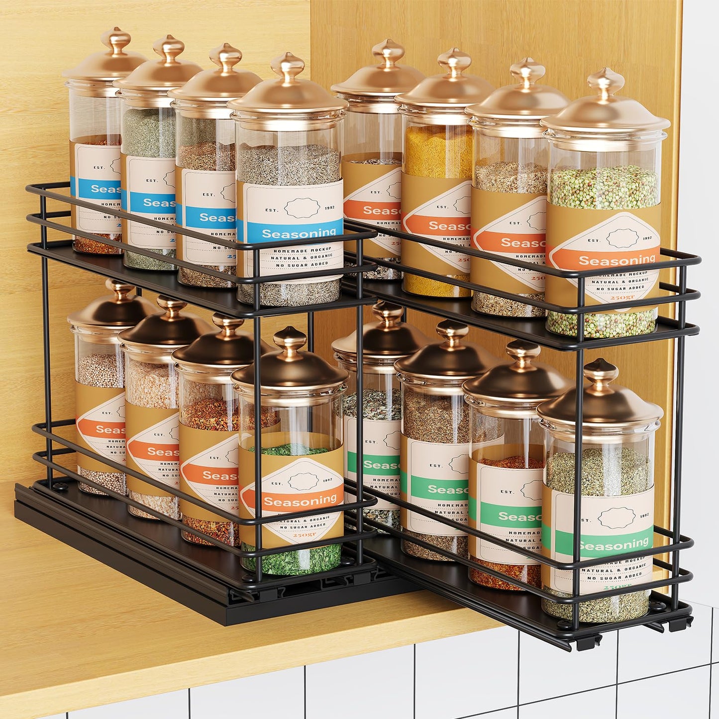 Pull Out Spice Rack Organizer for Cabinet, Slide Out Spice Racks, Easy to Install, 2.1''Wx10.35''Dx8.26''H, 3 Drawers 2 Tiers(Black)