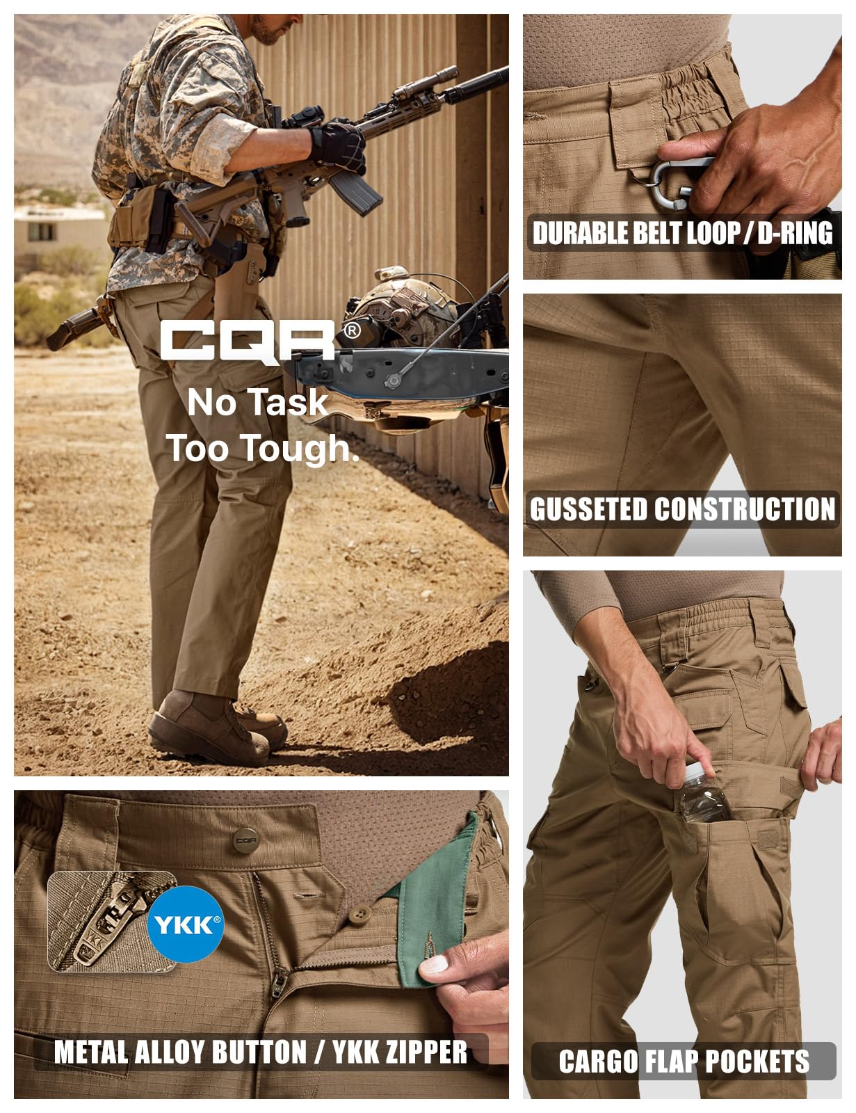 CQR Men's Tactical Pants, Water Resistant Ripstop Cargo Pants, Lightweight EDC Work Hiking Pants, Outdoor Apparel, Raider Mag Cougar, 46W x 30L