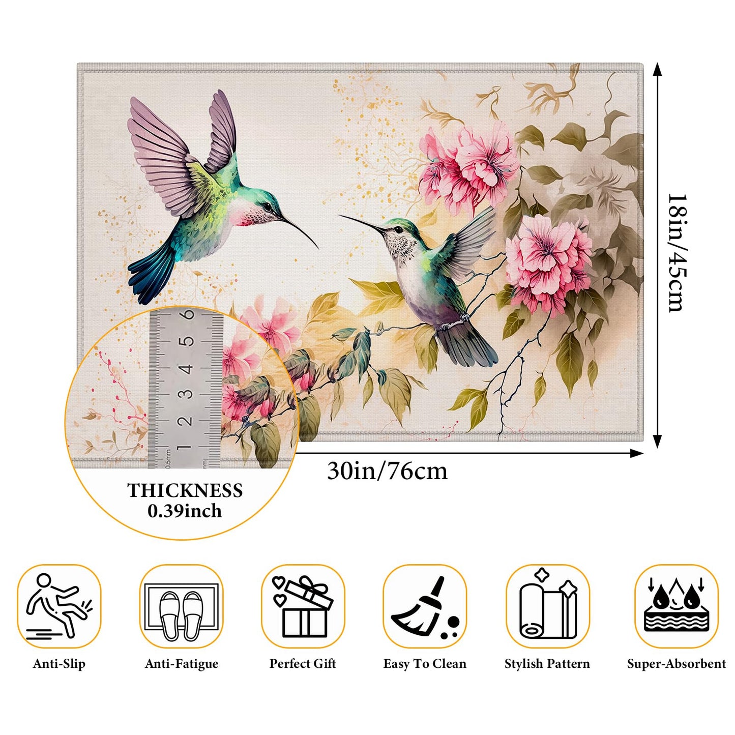 Hummingbirds Flowers Indoor Door Mat - Absorbent, Anti-Slip Low Profile Doormat for Entryway 17"x29.5"