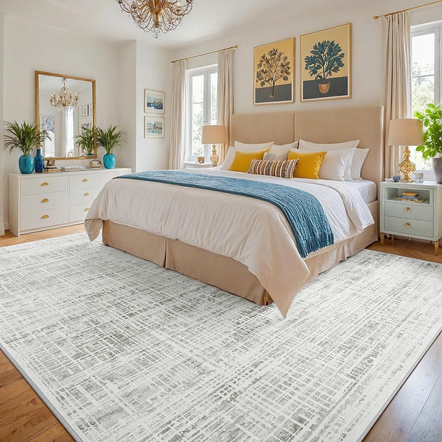 9x12 Area Rugs Washable Rug: Anti-Skid Abstract Modern Living Room Rug Soft Thin Carpets Indoor Floor Non-Shedding Carpet for Bedroom Dining Farmhouse Nursery Home Office (White Gray, 9'x12')