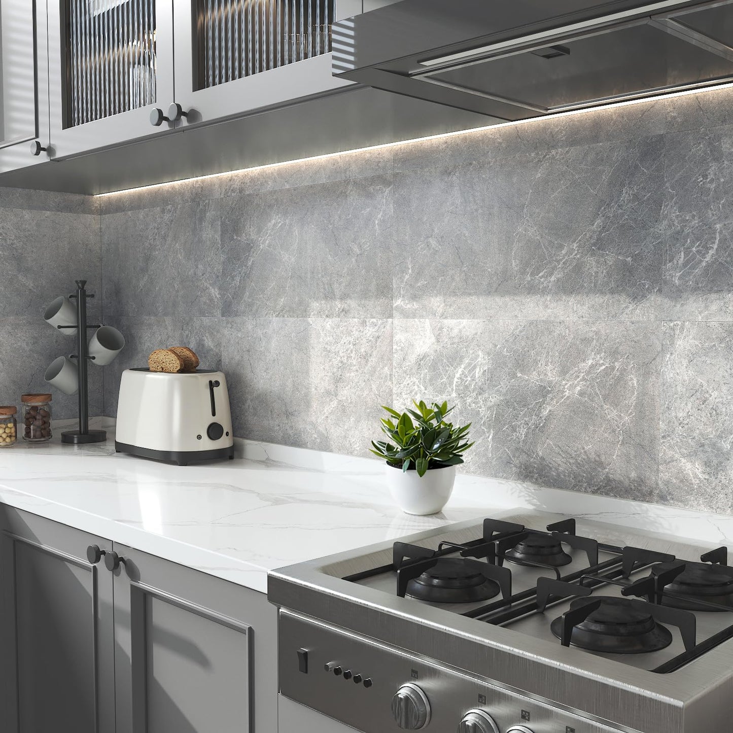 FunStick 12"x24" Grey Marble Peel and Stick Floor Tile Waterproof Bathroom Vinyl Flooring Tiles Peel and Stick on Floor Tiles for Kitchen Bedroom Removable Sticky Laminate Flooring Tile Sheets 5 Pcs