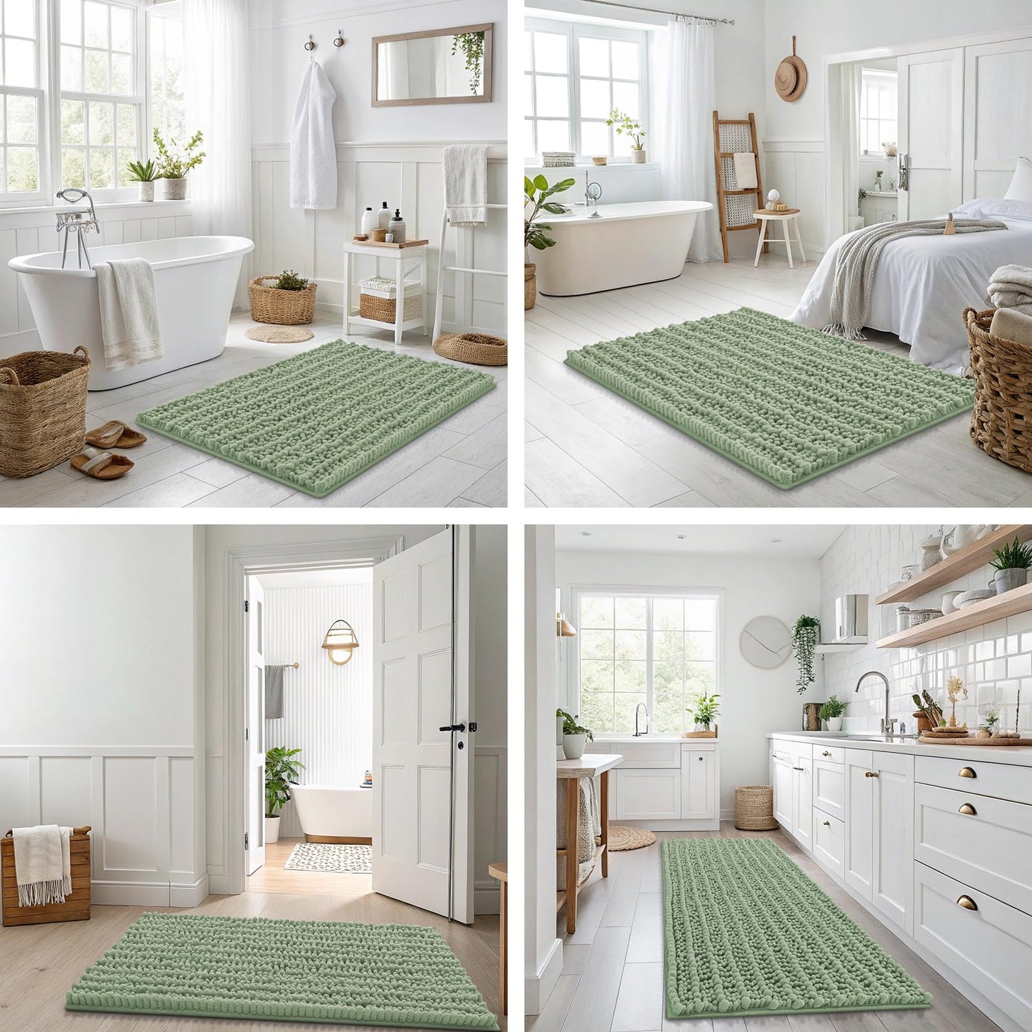 Smiry Bathroom Rugs Sets 3 Piece, Soft Absorbent, Non Slip Rubber Backing Machine Washable Quick Dry Chenille Bath Rug Set for Tub, Shower, and Floor (30"x20"+24"x16"+24"x20", Sage Green)