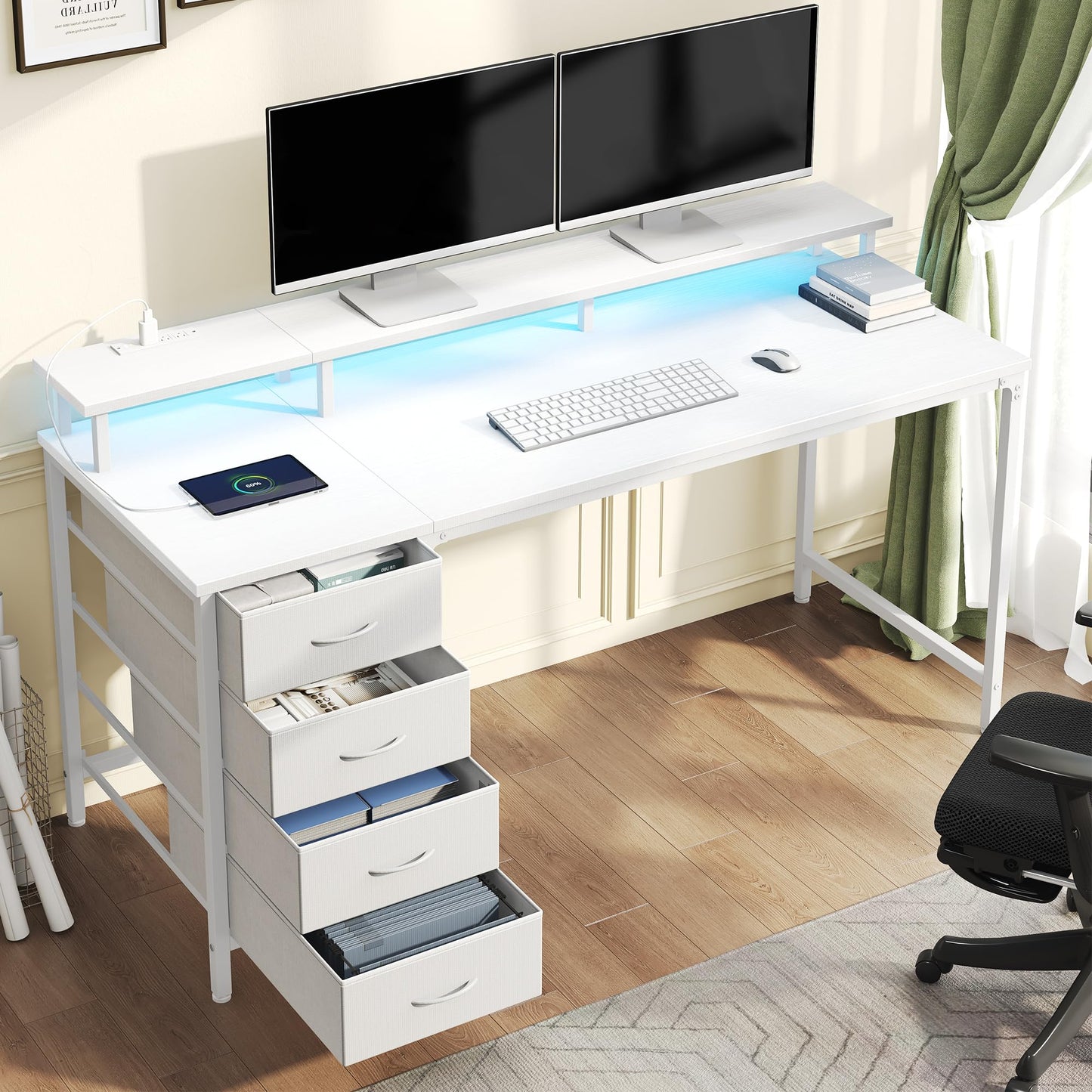 DUMOS 40 Inch Computer Desk with 4 Drawers,4 Drawer Gaming Desk with Power Outlets and LED Lights,Office Desk for Small Spaces with Monitor Shelf,Writing Desk for Home Office,Bedroom, Study,White
