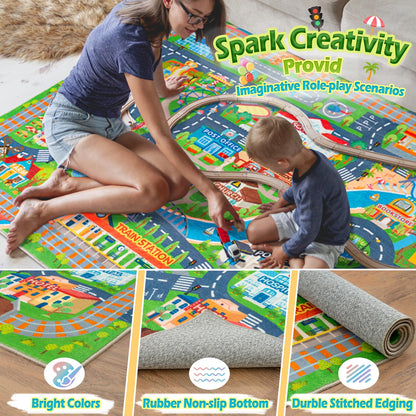 plumlik Car Rug Play Mat for Kids Toy Cars, Road Traffic Playmat for Kid Bedroom, Non-Slip Machine Washable Town City Race Track Carpet for Learn and Have Fun Classroom Rugs 4'x5'/ 48" x60