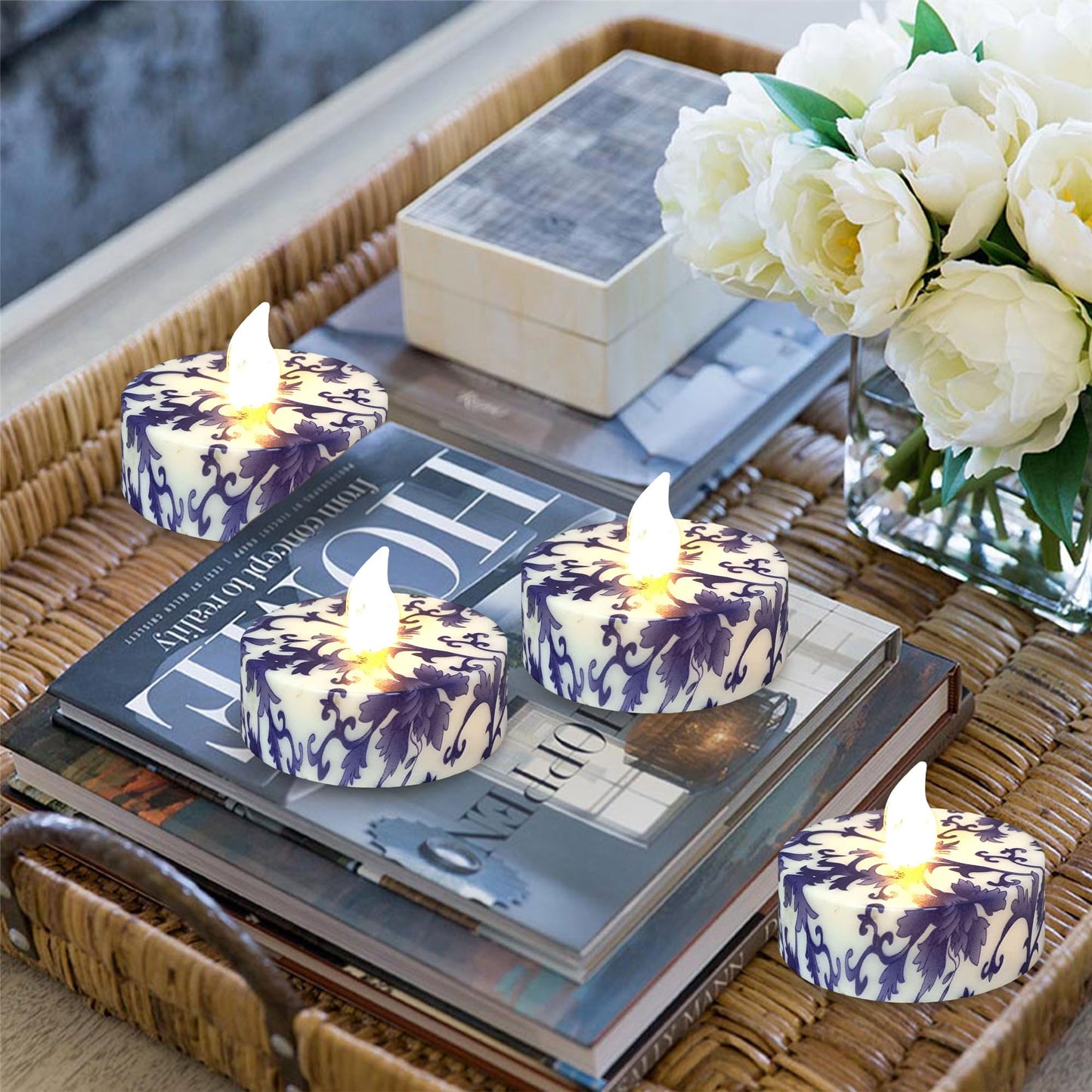 Gedengni Floral Flameless Tealights with Remote - 12 Pack Blue and White LED Tealight Candles Battery Operated Tea Lights Safe Realistic Flickering for Home Decor Wedding Party,TLT12P-BW
