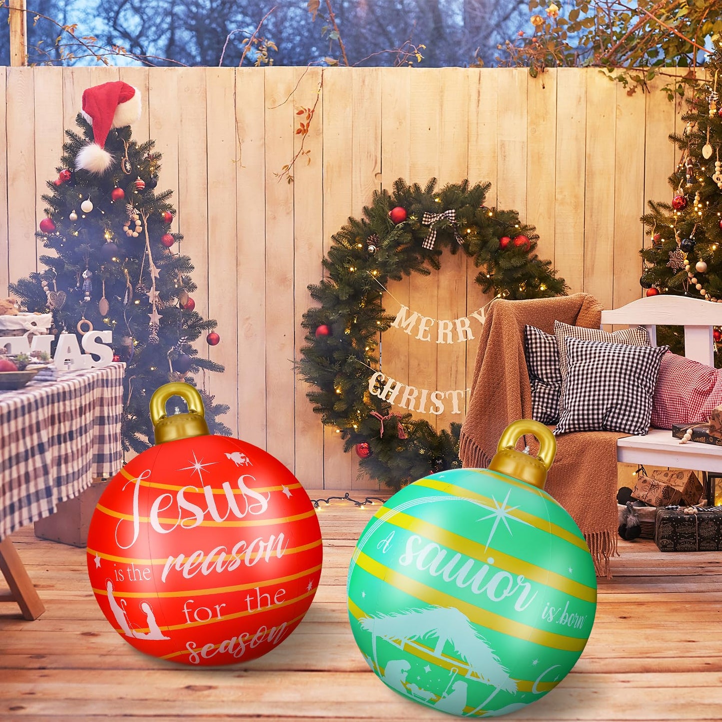 2 Pieces 32 Inch Giant PVC Inflatable Christmas Decorated Ball Ornaments Outdoor Large Xmas Blow Ball Decorations for Christmas Themed Party Ornaments(Cute,Green Red)