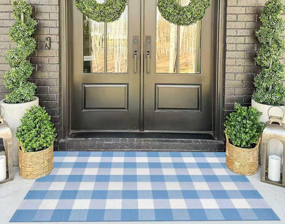 Buffalo Plaid Rug 3'x 5' Light Blue and White Checkered Porch Rug Cotton Woven Washable Layering Door Mat for Welcome Door Mat Porch Entryway Bedroom Living Room