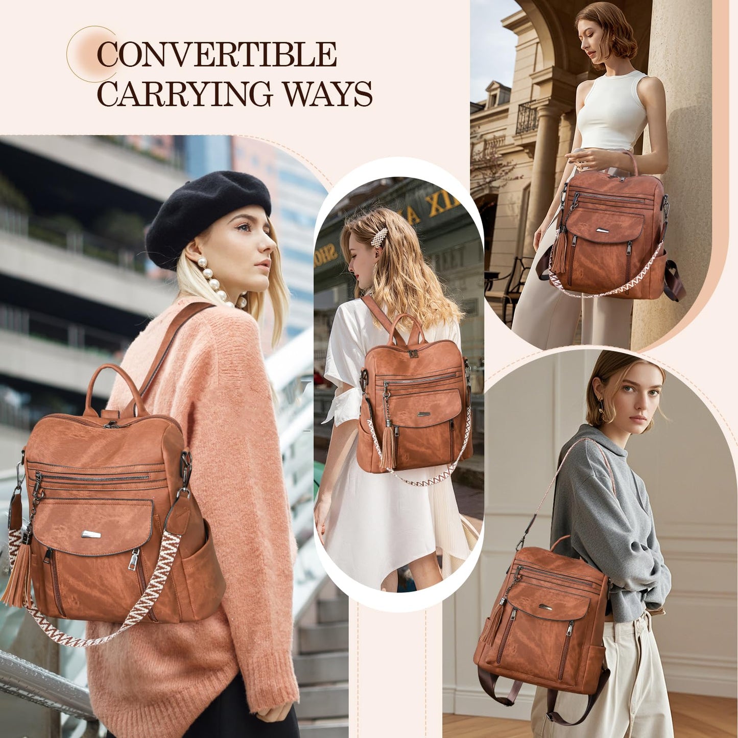 ROOSALANCE Backpack Purse for Women Pu Leather Backpack Fashion Ladies Shoulder Bag Handbags for Travel Daily Use, Brown