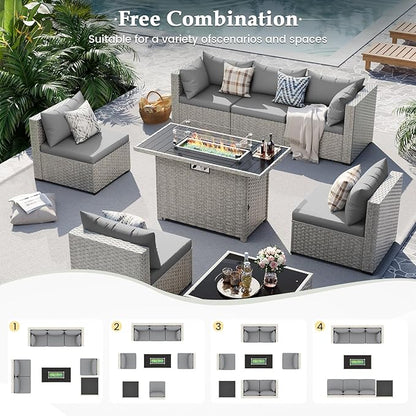 UDPATIO Patio Furniture Set with Fire Pit Table, 8 Pieces Outdoor Sectional Sofa, PE Wicker Patio Conversation Set for Garden, Backyard Grey