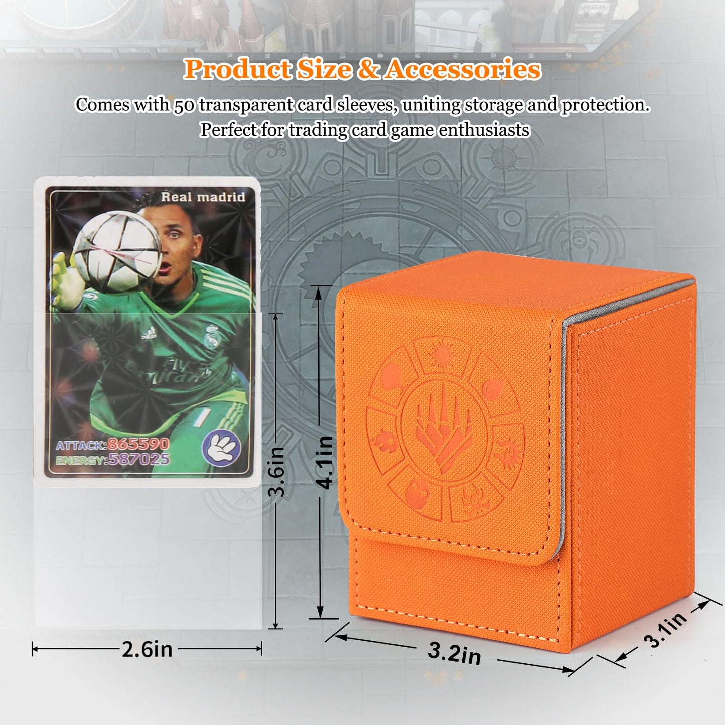 Arkeiliy Card Deck Box, 110+ Storage MTG Deck Box with 50 Pcs Card Sleeve, Collectible Trading Card Cases for Magic Commander and More (Orange)
