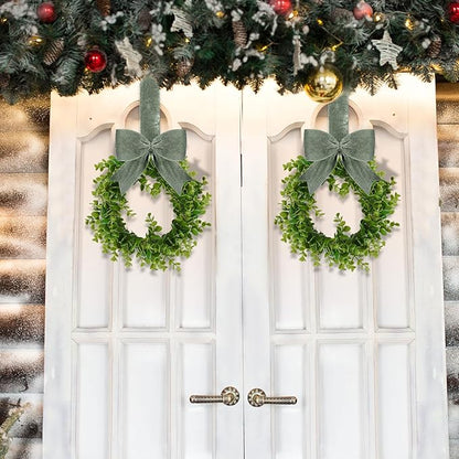 WILLBOND 4 Pcs Christmas Kitchen Cabinet Wreath Boxwood Garland with Ribbon Greenery Garland Hanging Wreaths for Cabinet Wall Window Door Fireplace Party Farmhouse Decor(Green,Velvet)