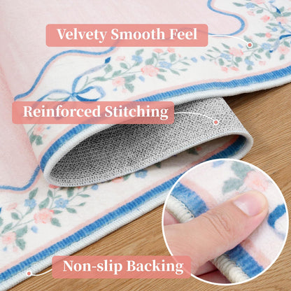 Seavish Pink Floral Rugs for Bedroom Girls, 5x7 Area Rugs for Living Room, Soft Washable Scalloped Nursery Rug, Boho Farmhouse Non-Slip Low Pile Carpet Rug for Kids Playroom Dining Room Office