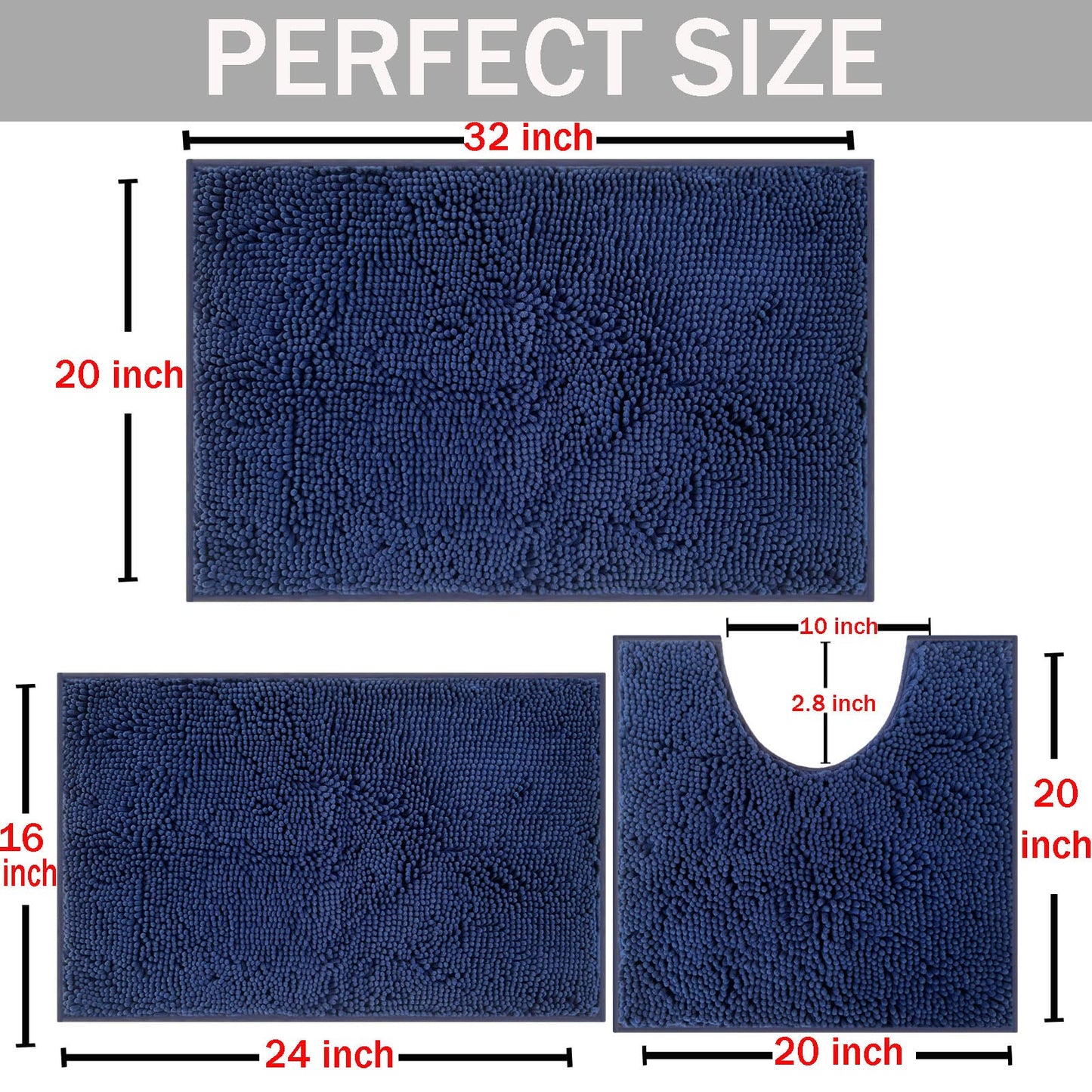 Bathroom Rugs Sets 3 Piece, Extra Soft Absorbent Chenille Bath Rugs, Non Slip Rubber Backing Machine Washable Quick Dry Bath Mats for Bathroom Floor, Tub, Shower, Home Decor Accessories, Navy Blue