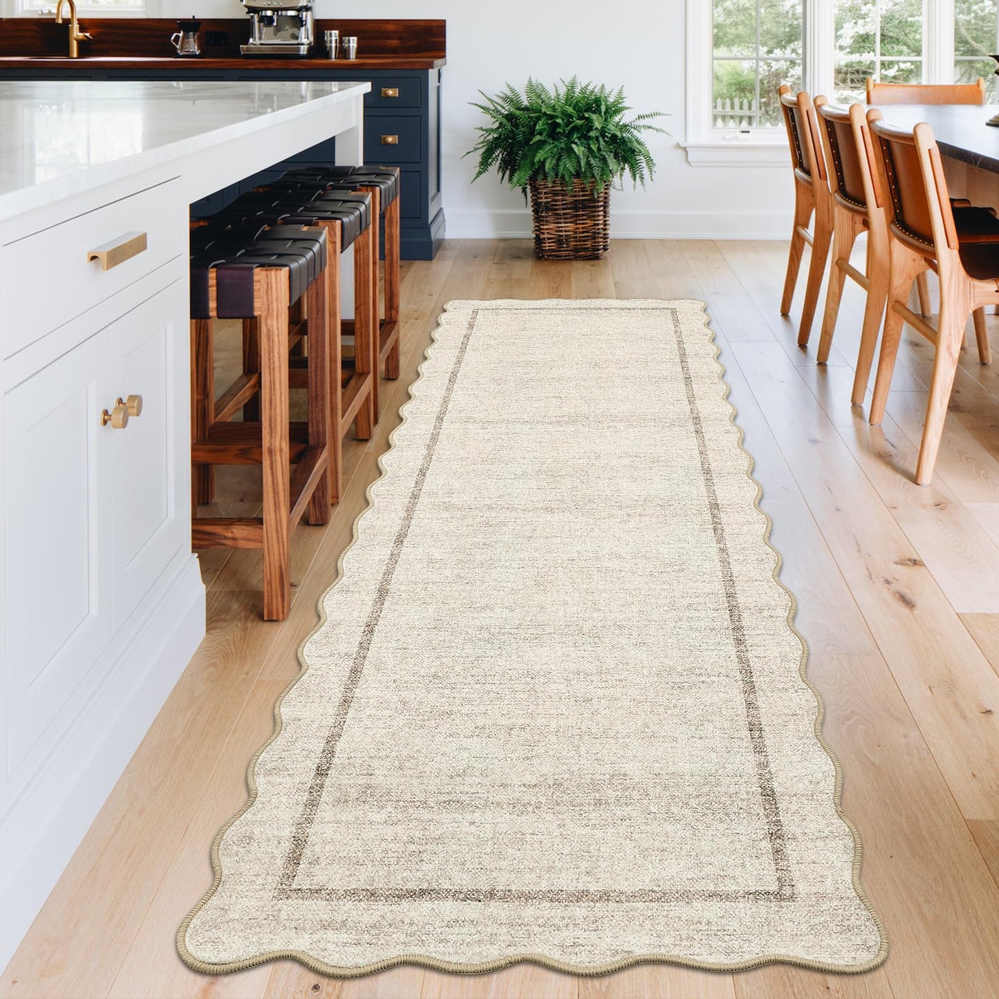 GarveeHome Scalloped Washable Kitchen Runner Rug 2x8, Beige Runners for Hallway, Non Slip Boho Soft Bathroom Throw Mat Bordered Carpet Runner for Laundry Entryway Bedroom 2 ft x8 ft Beige