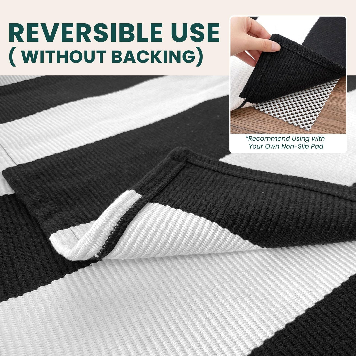 KOZYFLY Black White Striped Runner Rug 2x6 ft Woven Washable Hallway Runner Cotton Farmhouse Kitchen Rug for Entryway Porch Patio Laundry Room
