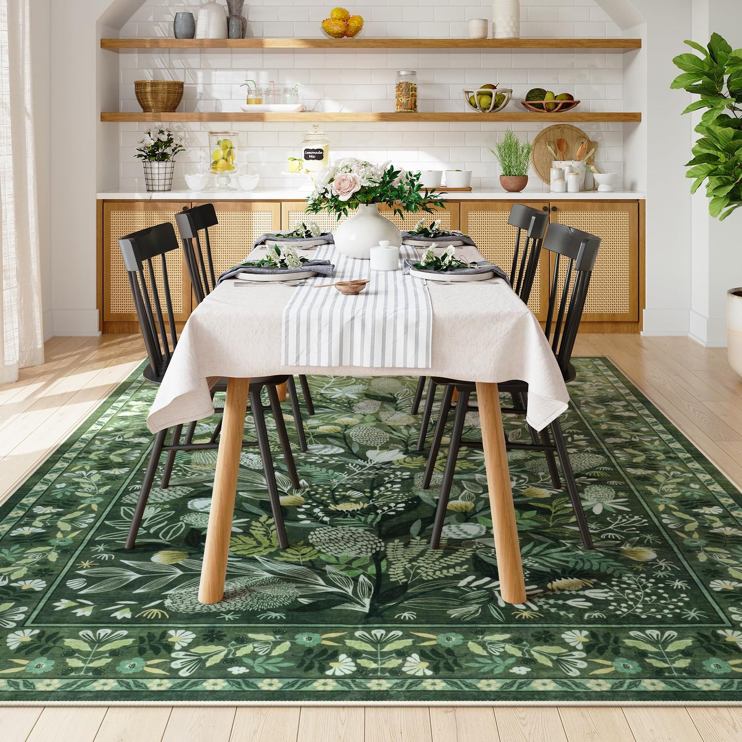 Anidaroel Green Large Area Rugs 8x10, Botanical Floral Washable Rug for Living Room, Soft Rugs for Bedroom Non-Slip Ultra-Thin Modern Rug Dining Room Mat Throw Carpet for Dorm Apartment