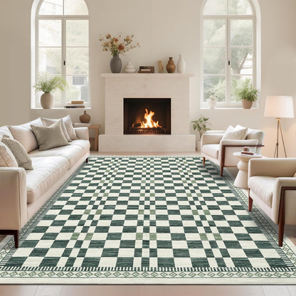 GarveeHome 5x7 Washable Rug for Living Room Contemporary Sage Green Geometric Floor Carpets Low Pile Non-Slip Nursery Room Carpet High Traffic Modern Abstract Checkered Area Rug for Bedroom