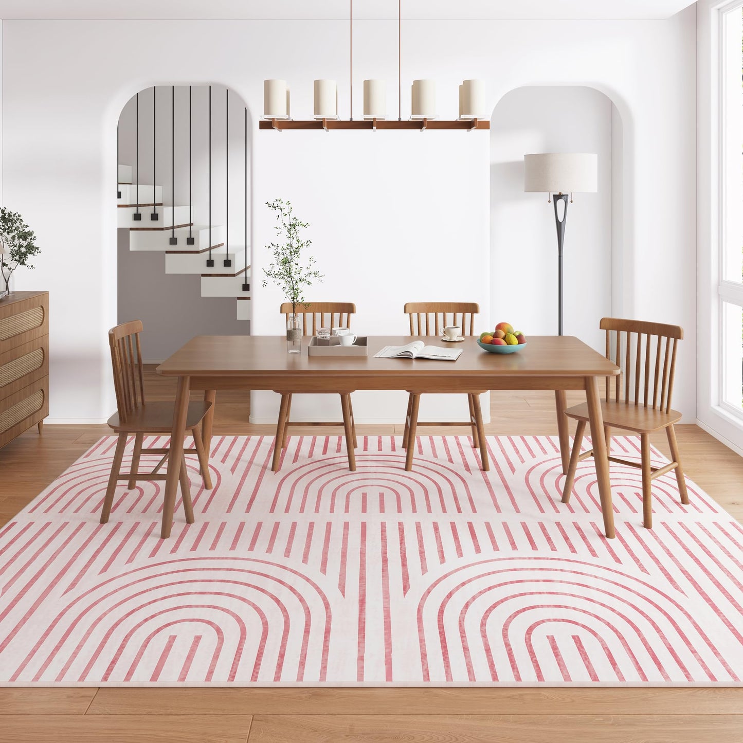 ARKIIKI Pink Washable Rug 5x7 for Bedroom, Soft Abstract Rainbow Carpet for Living Room, Modern Area Rugs, Non-Slip Stain Resistance Rug for Kid Nursery Playroom Home Office