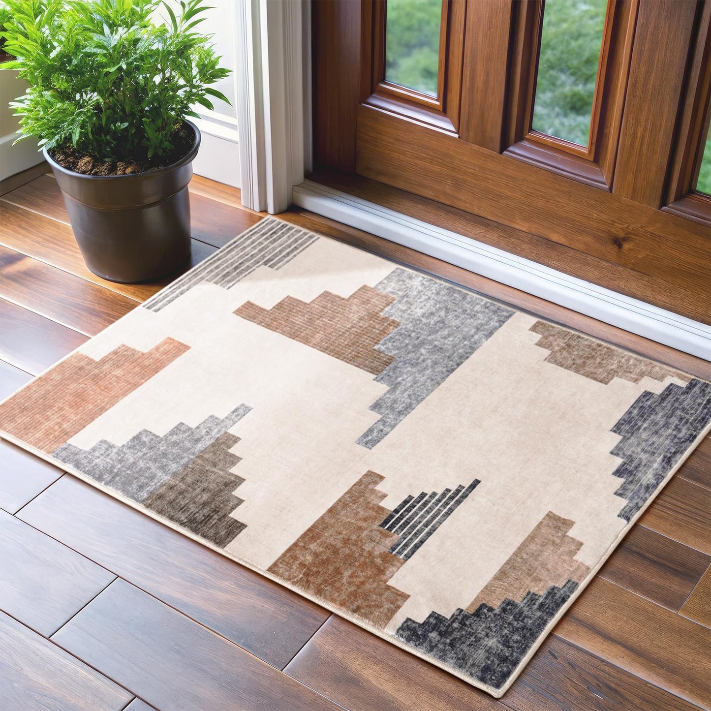 Dssimo Geometric Abstract Area Rug, Pyramid Ladder Design Modern Blue and Brown Rugs, Low Pile Carpet, Home Office Decor Contemporary Accent Throw Rug for Bedroom Kitchen Entryway Bathroom, Blue 2x3