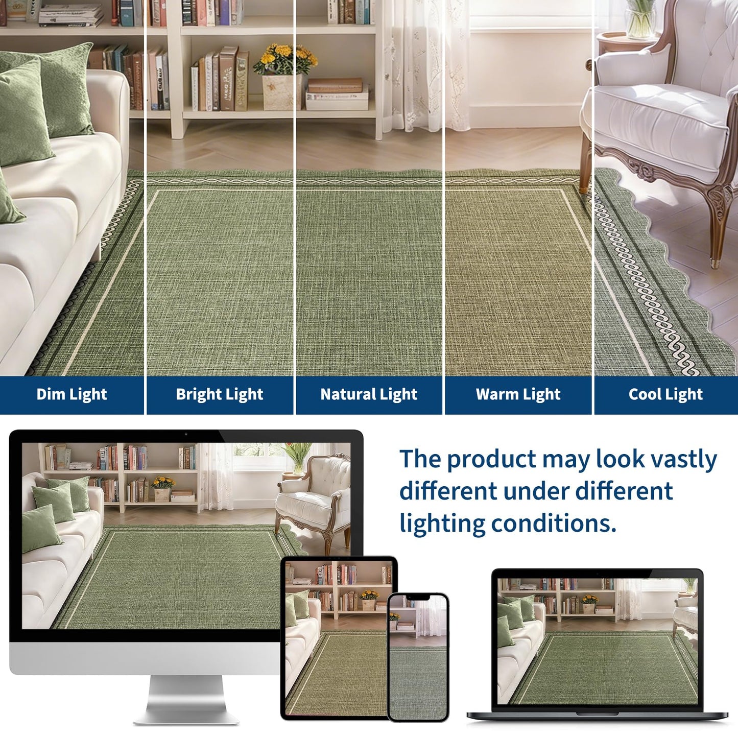 MilleLoom Large Area Rug 9x12 Scalloped Rug Machine Washable Non Slip Carpet Farmhouse Non-Shedding Neutral Floor Mat Indoor Soft Low Pile Foldable Rugs for Living Room Bedroom Dining Room Dorm Green