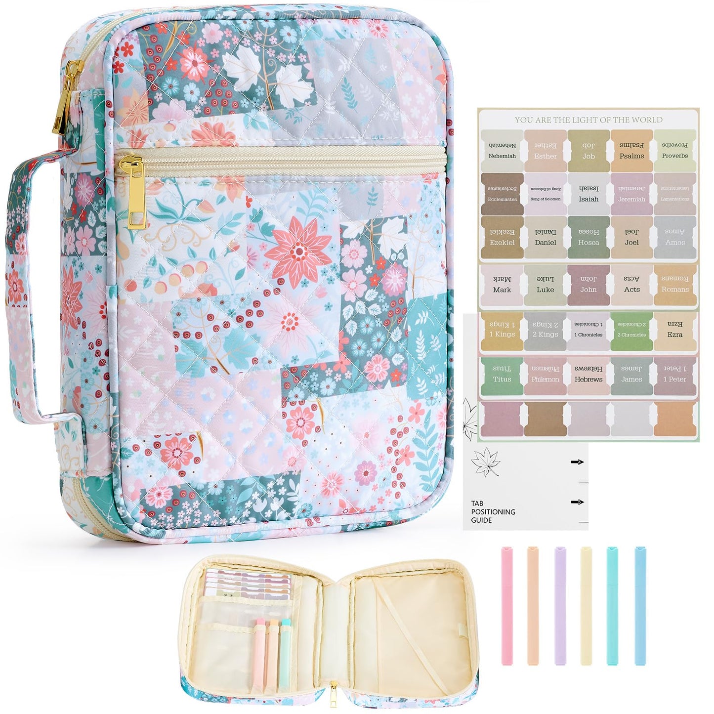 Oterri Bible Cover Case For Women, Large Bible Cover With Bible Study Supplies Accessories, Quilted Soft Bible Tote Bags Church,Classroom,Campus,Neighborhood Association (Flower Quilt, Large)