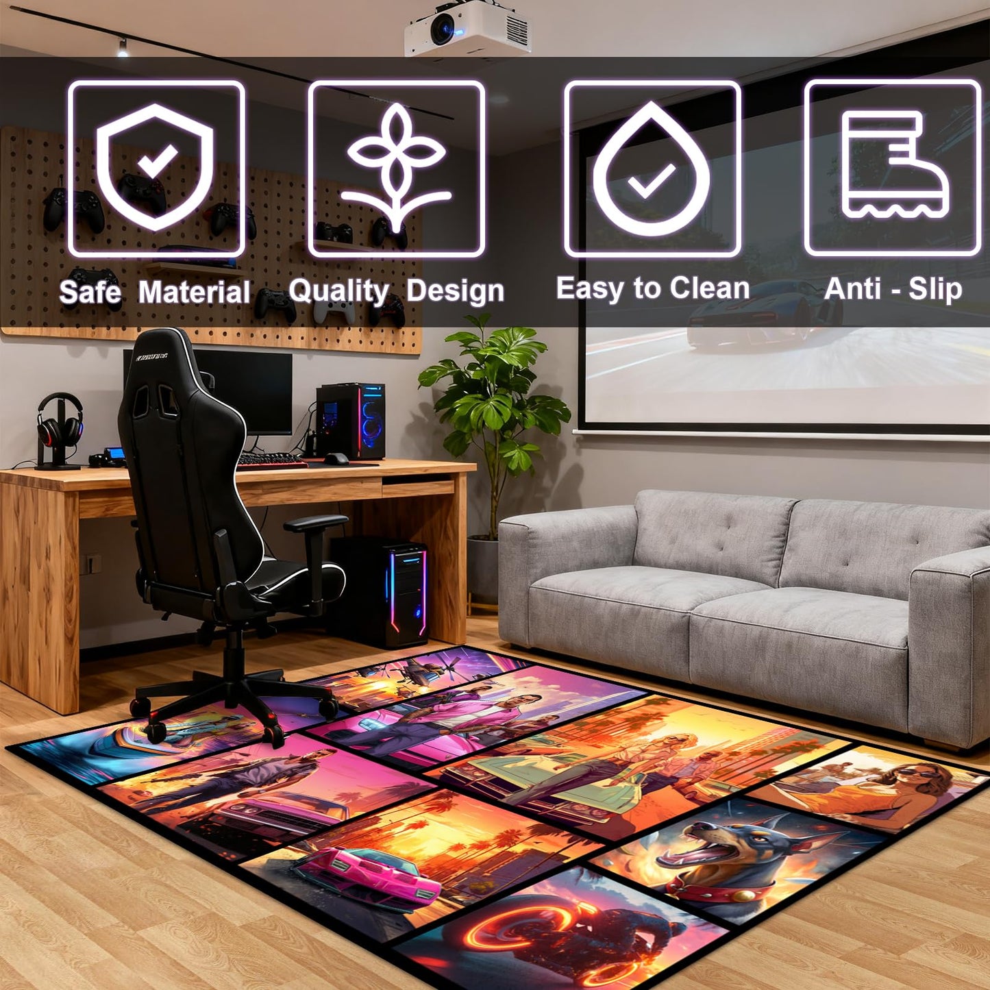 Gaming Area Rug Teen Boys Carpet, Non-Slip Comic Splicing Style Rug with Upgrade Rubber Backing, Stain Resistant Faux Wool Distressed Carpet for Game PlayRoom, Bedroom, Living Room (Autos, 79" x 59")