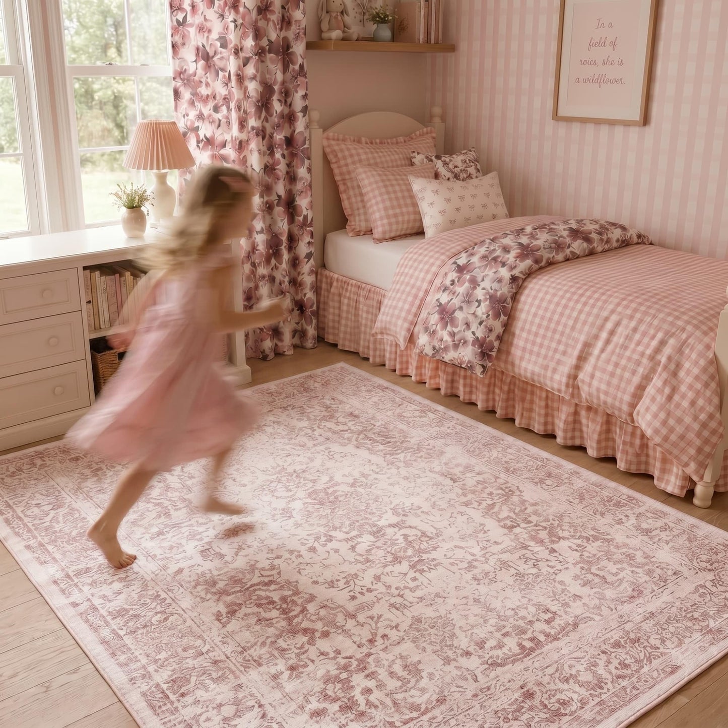 OHWPEAT Washable Pink Rug for Girls Bedroom, 6x9 Area Rugs for Living Room, Non Slip Low Pile Large Indoor Carpet, Soft Cute Rug for Kids Nursery, Kitchen, Dining, Classroom, Playroom, Dorm, Office