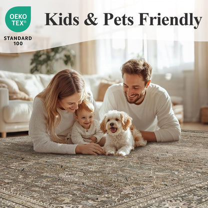 Schweek 8x10 Washable Area Rug Brown Neutral Vintage Distressed Rugs Large Non-Slip Living Room Area Rugs, Soft Low Pile Carpet Indoor Mat Throw Rug for Bedroom Dining Room Office Nursery
