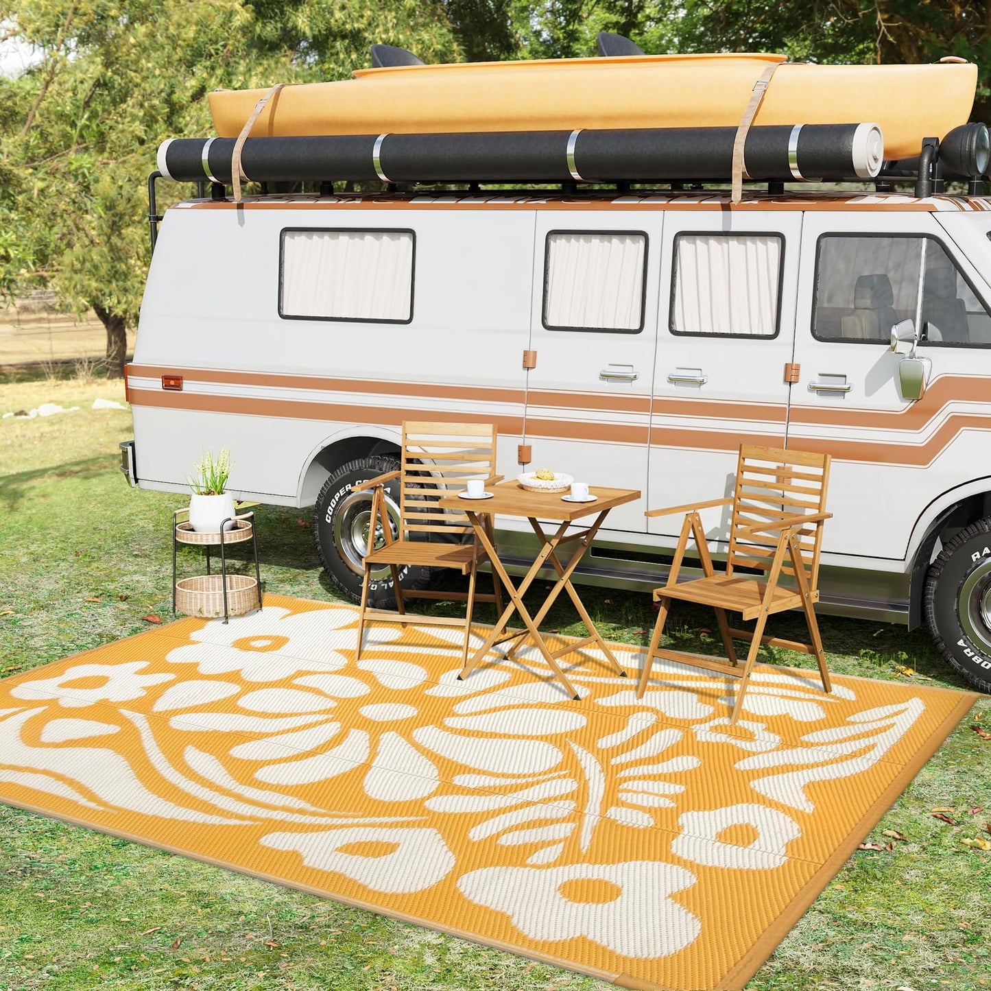 Uphome Outdoor Rugs 8x10 Waterproof, Reversible Orange Floral RV Camping Rug, Patio Plastic Straw Outside Rug, Large Foldable Outdoor Mat Carpet for Backyard Deck Pool Balcony Picnic Beach, 8'x10'