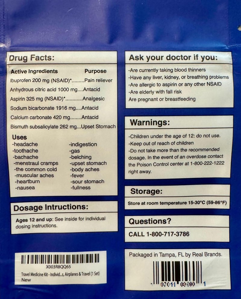 Travel Medicine Kit - 16 Pcs Individually Wrapped Packets of Ibuprofen, Bismol, Sodium Bicarbonate & Antacids - TSA-Approved Medicine Variety Pack by Real Vitamins (1 Kit)