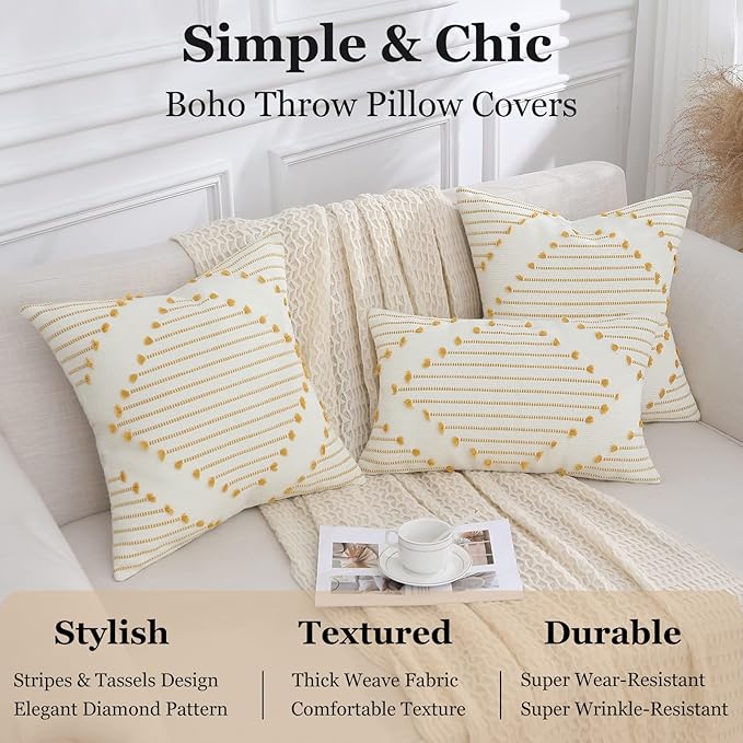 Mecatny Boho Outdoor Throw Pillow Covers 12X20 Set of 2, Farmhouse Lumbar Pillow Covers for Couch Sofa Living Room, Yellow & White