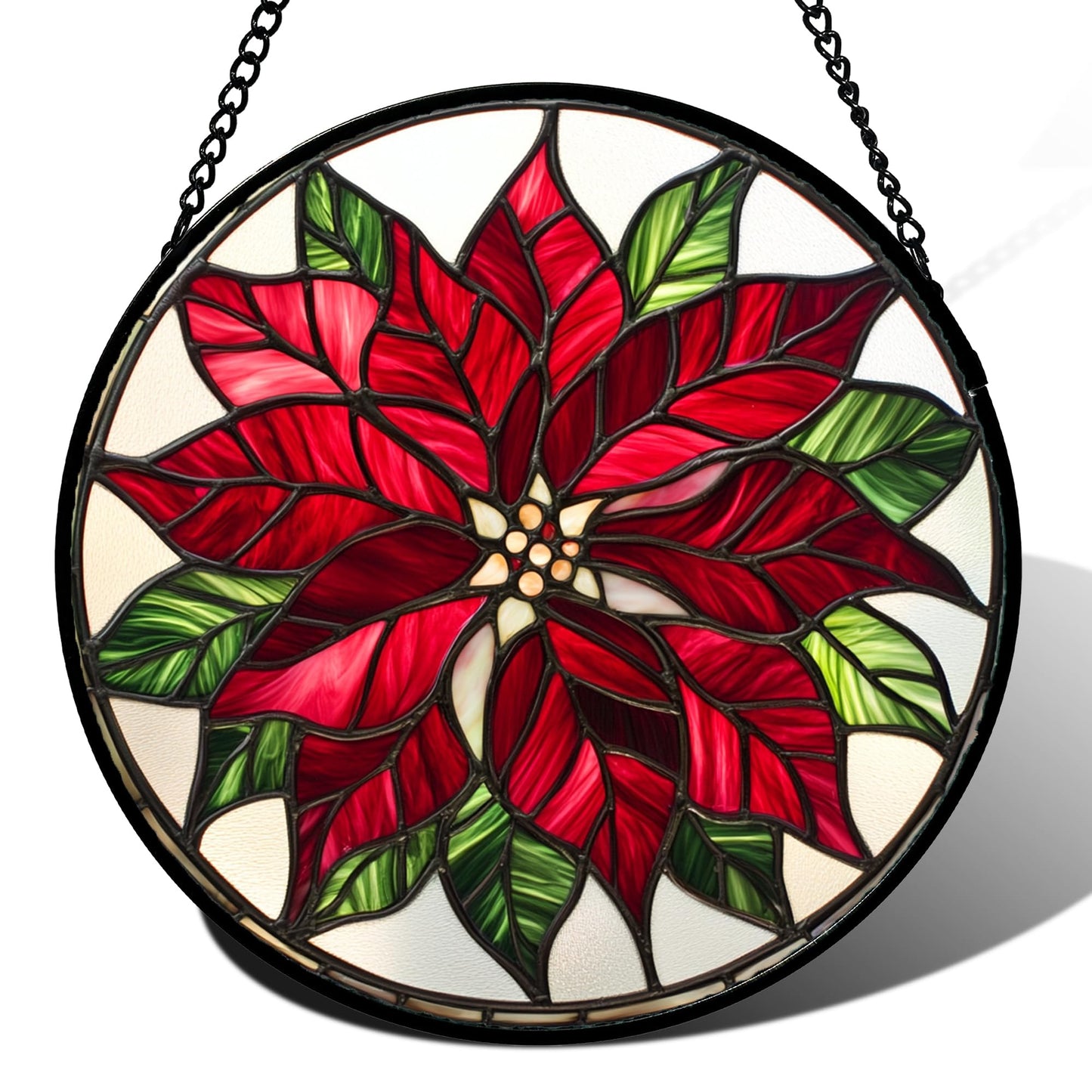 CRISGIF Stained Glass Window Hanging - Red Poinsettia Birth Flower Suncatcher for Door Garden Yard Sun Catchers Decor Christmas Mother's Day Birthday Gifts for Women Mom Nana Friend Men 11.8 in