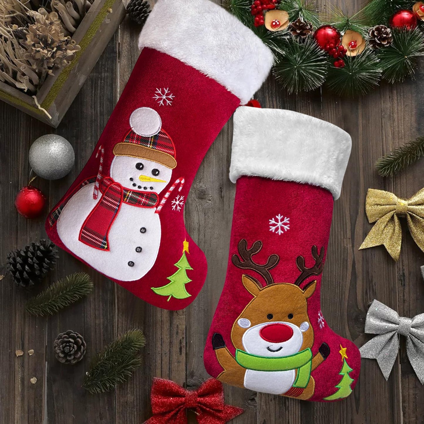 Snowman Christmas Stocking, 20" Velvet Cute 3D Deer Bear Moose Reindeer Xmas Stocking for Children Kids Girls Boys Women Men