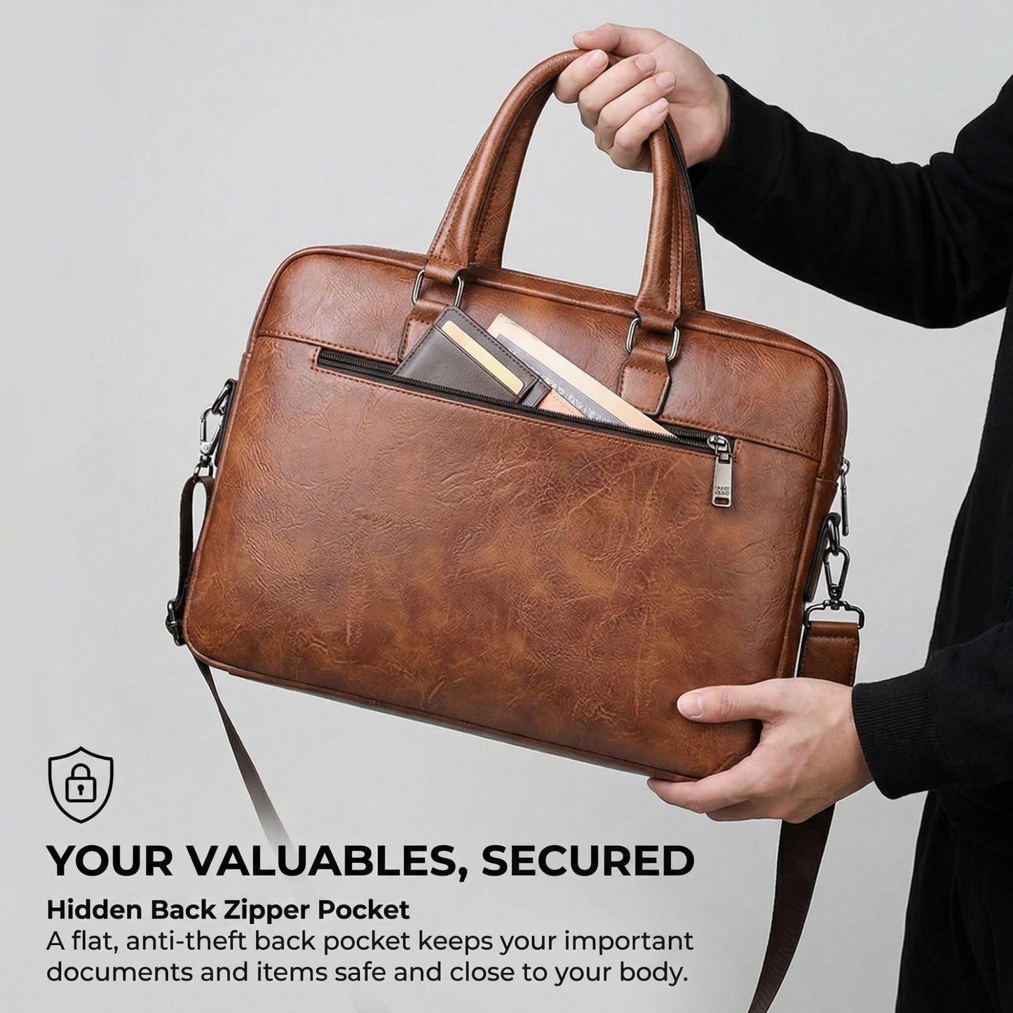 JINGTIANCD Men's Faux Leather Laptop Bag 15.7 Inch, Water-Resistant Briefcase Messenger Bag for Work, Business, Travel | Adjustable Shoulder Crossbody Office Satchel(Deep Khaki)
