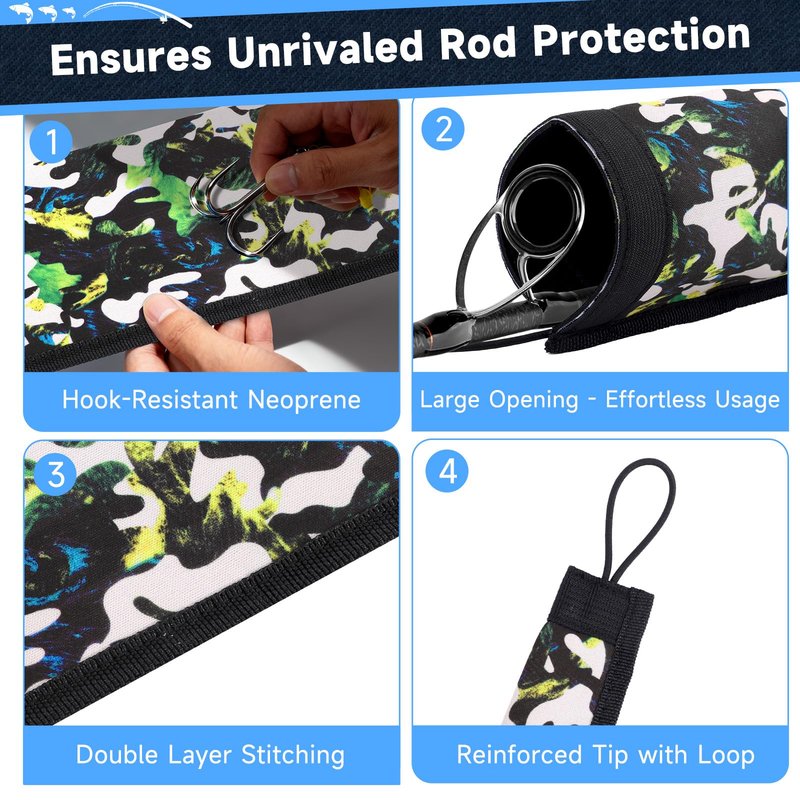 MONYES Neoprene Fishing Rod Sleeves for Casting, Spinning, Trolling Pole - Protective Cover Rod Sock with Hanging Loop & Lanyard- Floating, Puncture Resistant, Lightproof (65in, 8P)