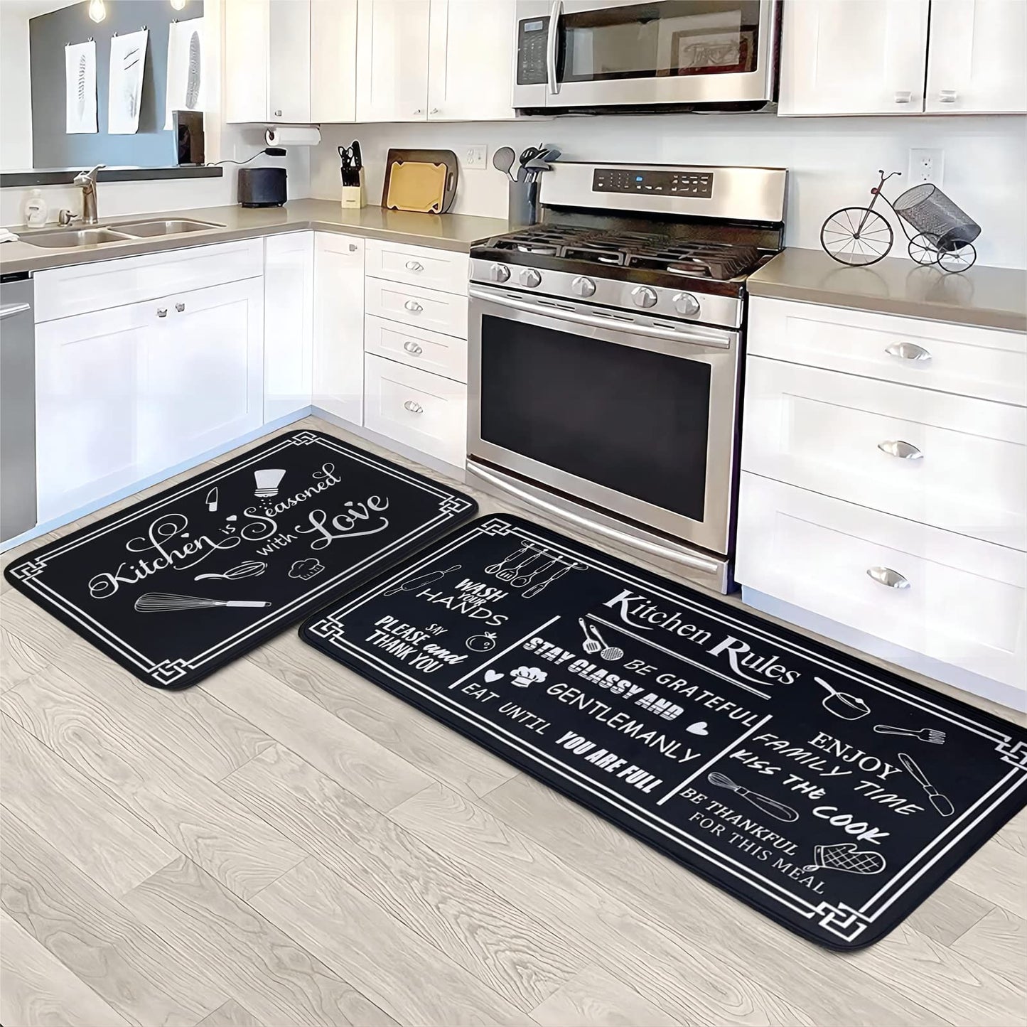 Voanos Black and White Kitchen Rugs,Non Skid Washable Microfiber mats for Kitchen Floor,Kitchen Rules Theme Cushioned Runner Rug Decor Sets of 2,Size 17"x 47"+17"x 30"