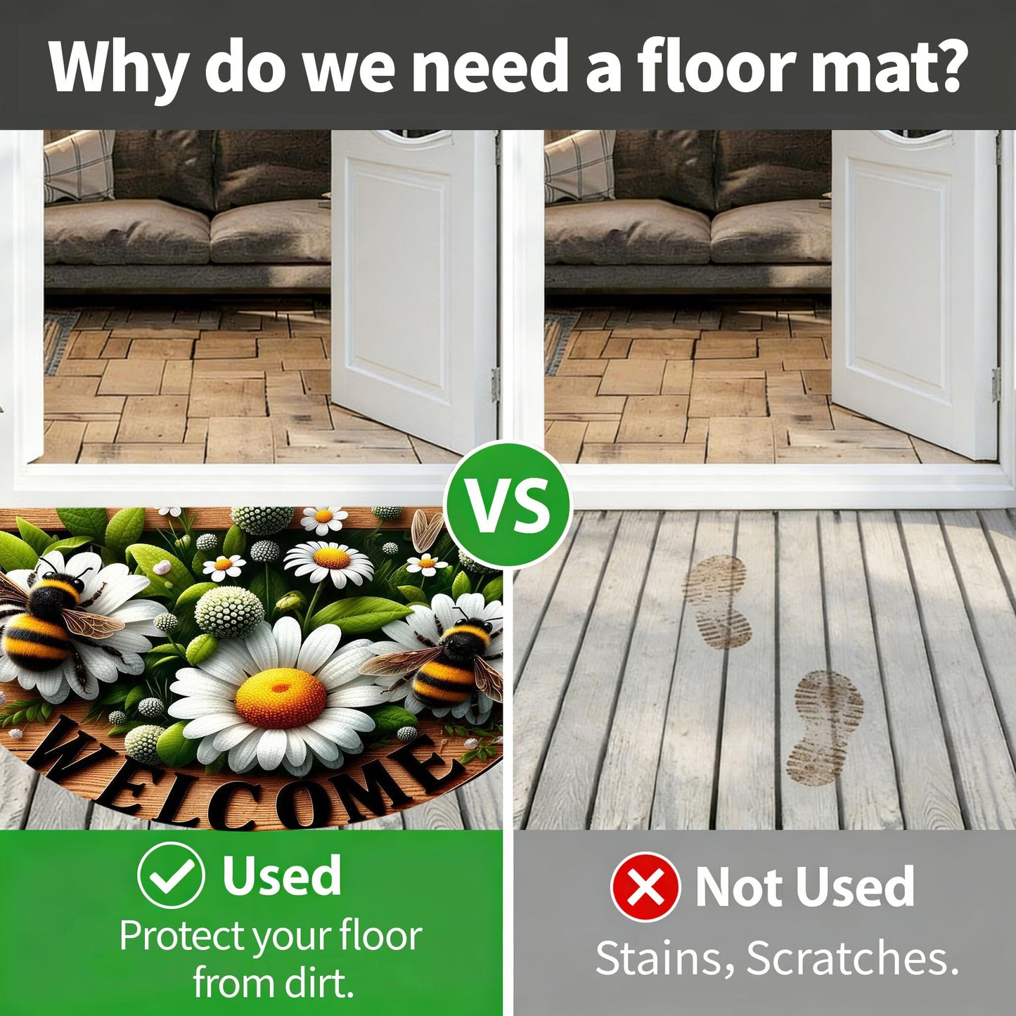 WOYUO Half Circle Door Mat 20"x31.5" Non-Slip Washable Welcome Mat, Low Profile Front Door Mat Semicircular Entrance Doormat, Dirt Trapper Floor Mat (Bees and Flowers, 24"x 36" Large Half Round)