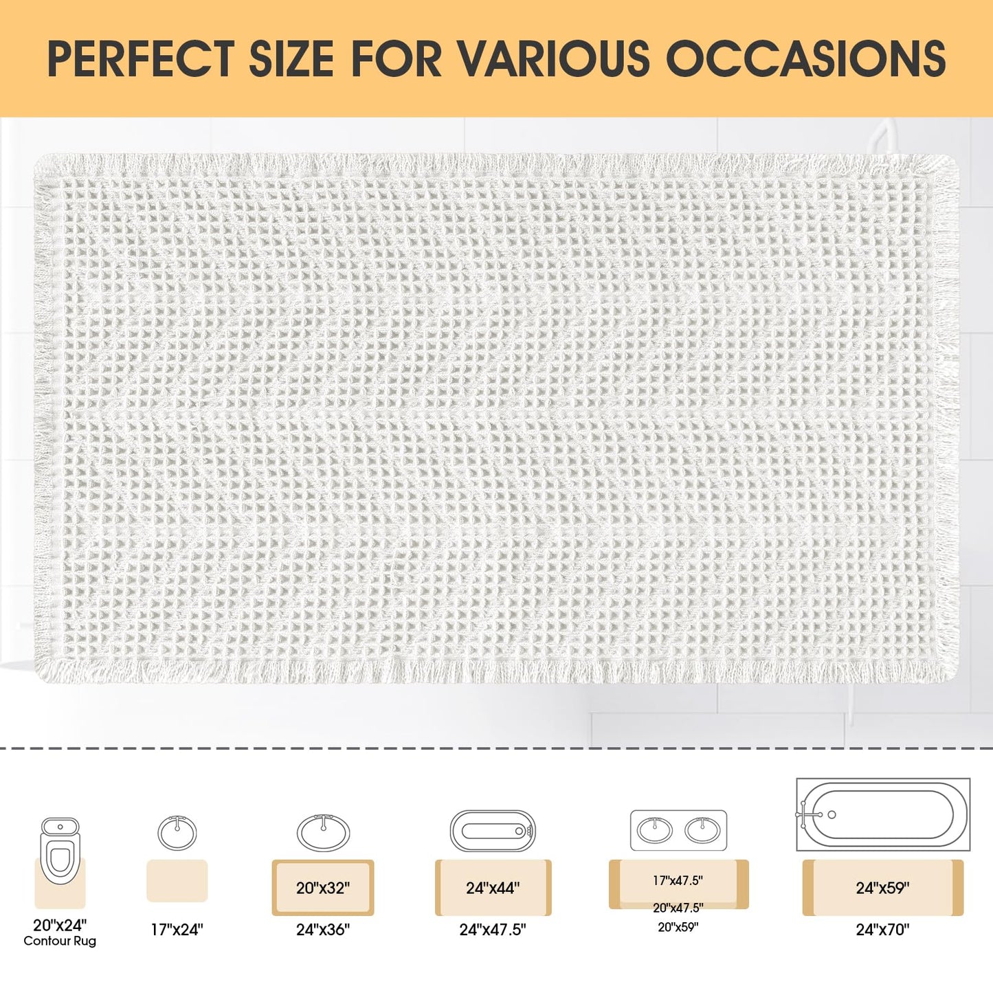 Upgrade Waffle Bath Mat, Boho Bathroom Rugs Absorbent Non Slip, Ultra Soft Bathroom Mat, Machine Washable Knit Bath Rugs with Herringbones for Bathroom, Bedroom, Kitchen, Shower, Tub, 32"x20", White