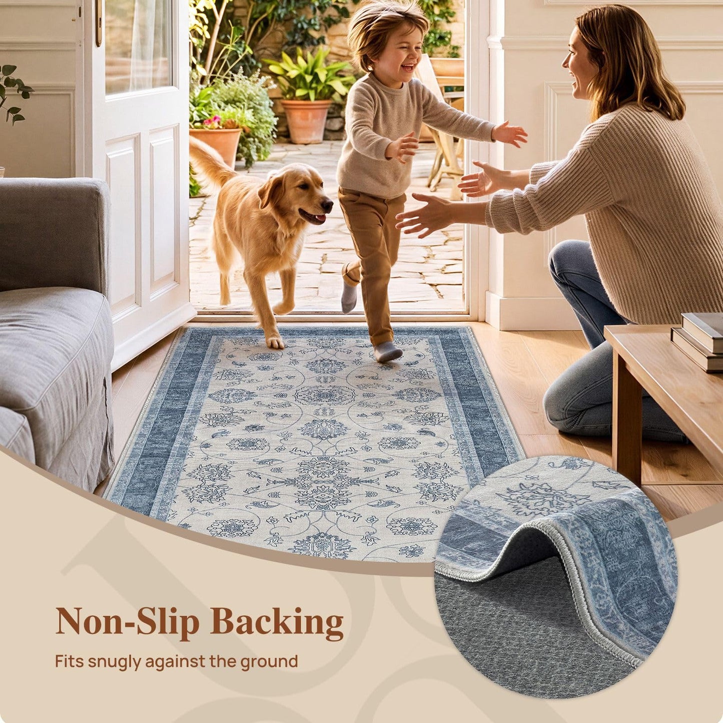 UERMEI 3x6 Machine Washable Runner Rug: Vintage Non Slip Low-Pile Stain-Resistant Hallway Floor Carpet, Soft for Entryway Kitchen Bathroom, Kid Pet Safe Robot Vacuum Friendly - Blue