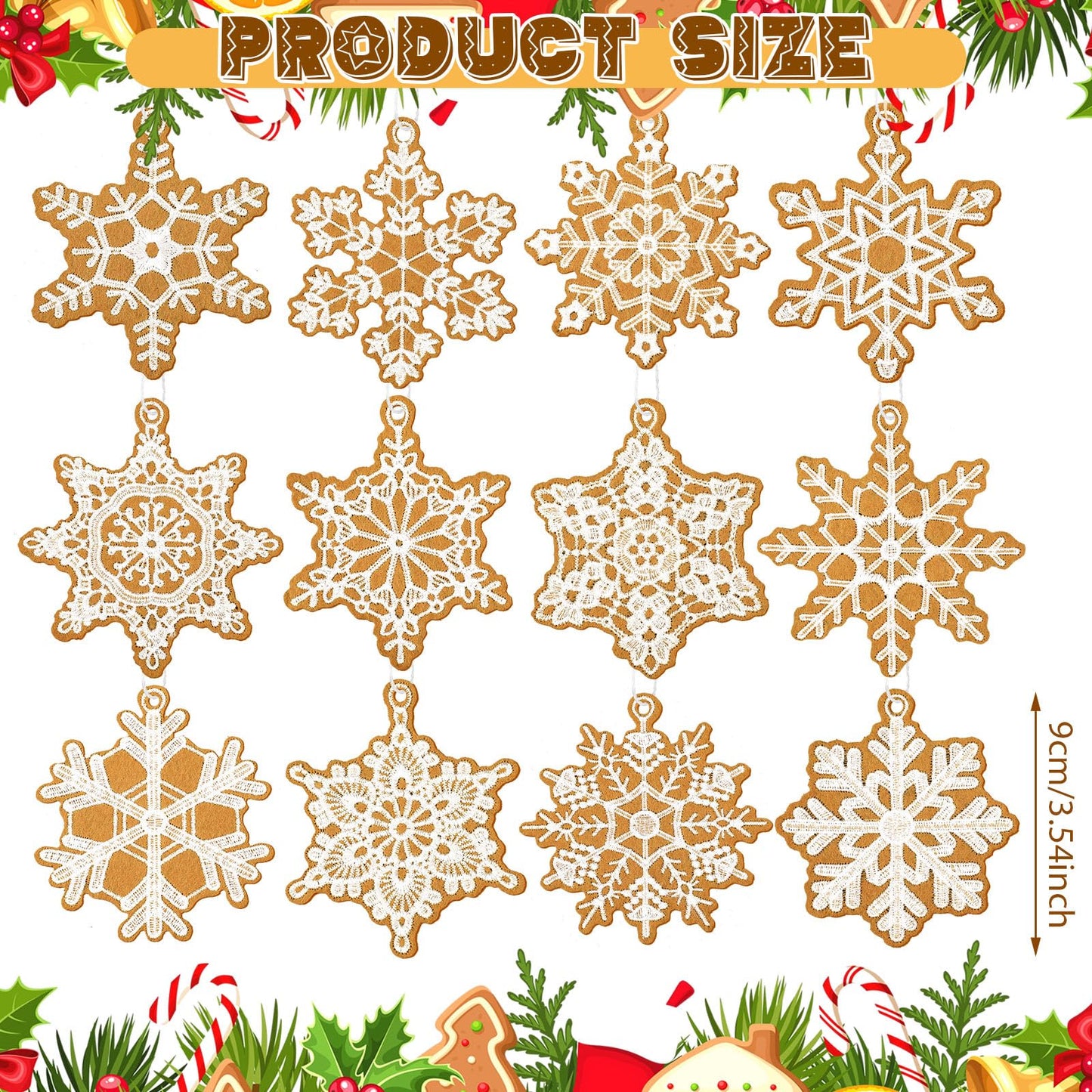 HunnmingRe 48 Pcs Christmas Gingerbread Crochet Snowflake Ornaments Winter Brown Crocheted Snowflake Bulk 12 Styles Hanging Decor for Winter Decorations Tree Wall Holiday Party Woven Gift