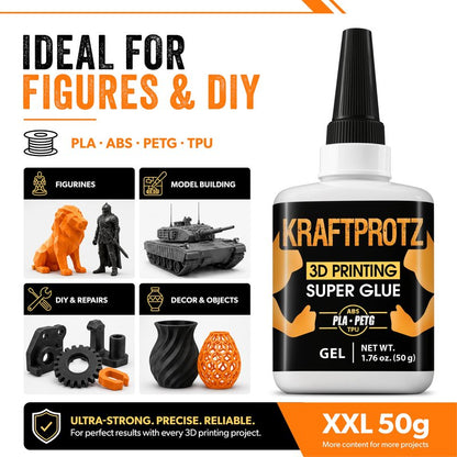 3D Printer Superglue Gel for PLA, ABS, PETG, TPU & Nylon – 1.76 oz XXL – No-Drip, Extra Strong & Waterproof – Precision Tip for Repairs, Supports & Vertical Surfaces