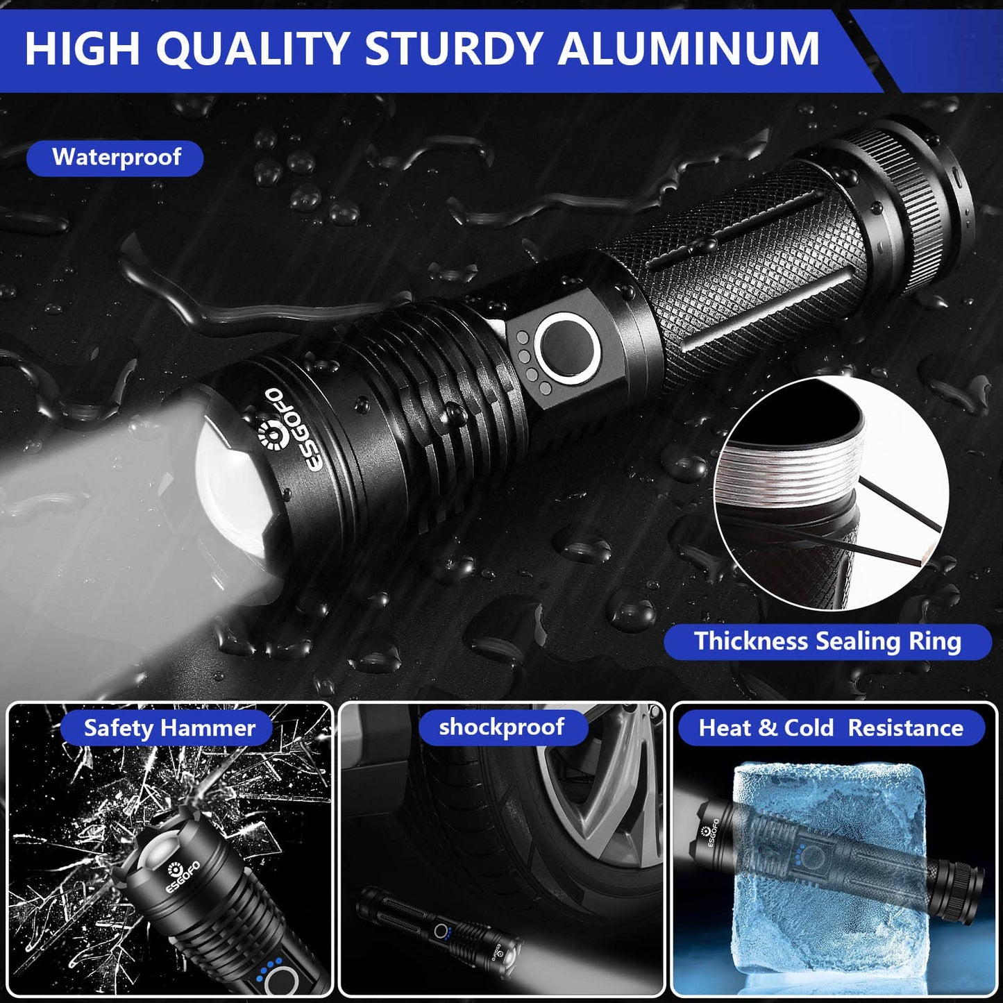 Esgofo Flashlights High Lumens Rechargeable, 2000 Lumens Super Bright Handheld LED Flash Light, Powerful Emergency Linternas, Waterproof, Long Lasting, for Hiking Camping Gift